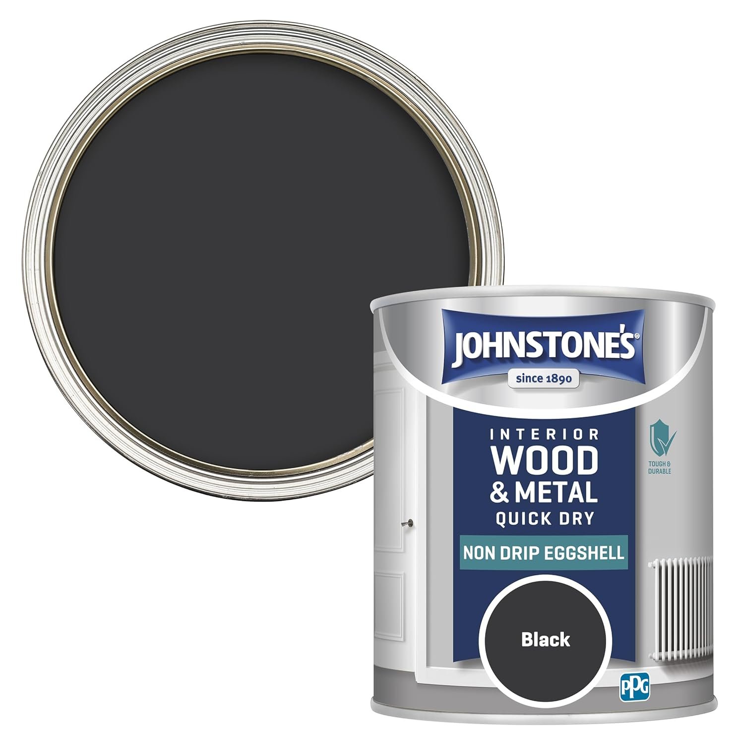 Side view of Johnstone's - Quick Dry & Nondrip Eggshell Paint for Wood & Metal - Black, highlighting the can's design.