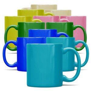 SOL Colourful Mugs Set of 12 330ml Tea Cup Set Ceramic Coffee Cups Assorted Colours for Hot Drinks Office Home Kitchen Dishwasher Safe Reusable Beverage Cups Everyday Use