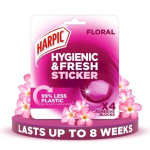 Harpic Hygienic Fresh Sticker Adhesive Toilet Block, Floral, Pack 1 x 4 Stickers, Toilet Freshener, No Plastic Applicator, Up to 8 weeks of Freshness