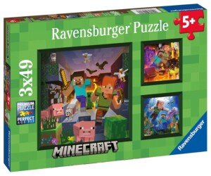 Ravensburger Minecraft Kids Jigsaw Puzzles 3 Pack, 3-in-1 Set - 3 x 49 Piece Puzzles featuring Steve, Alex & Creeper in pixel art, Ages 5+, Birthday