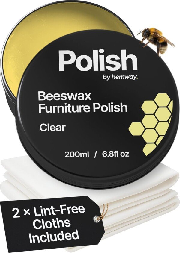 71HvawBbjEL._SL1500_ Side view of Hemway Clear Beeswax Furniture Polish 200 ml with 2 lint-free cloths, designed for long-lasting wood care
