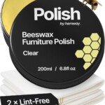 Hemway Clear Beeswax Furniture Polish 200 ml with 2 cloths, shown in packaging, ideal for restoring and protecting wood surfaces