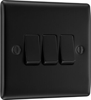 BG Electrical Triple Wall Light Switch, 2 Way, Raised and Slim Profile, Round Edges, Nexus Metal, Matt Black, 20A, 16AX, NFB43