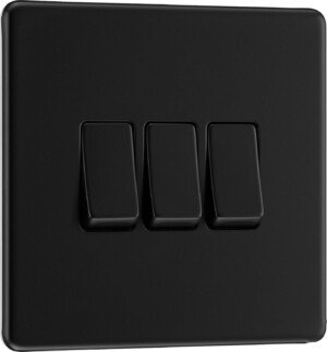 BG Electrical Triple Wall Light Switch, 2 Way, Screwless Front Plate, Slim Profile, Premium Flatplate, Matt Black, 20A, 16AX, FFB43