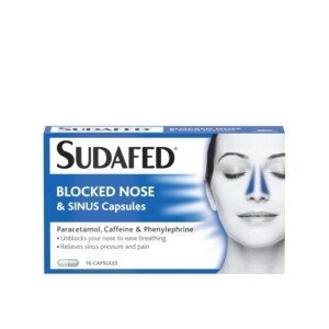 Sudafed Blocked Nose and Sinus Capsules (1x16 Capsules), Unblocks Nose to Ease Breathing, Pressure and Pain Sinus Relief, Decongestant with Phenylephrine Hydrochloride, Caffeine, and Paracetamol