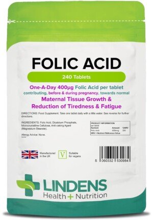 Lindens - Folic Acid 400mcg - 240 Vegan Tablets - UK Made to GMP - Pregnancy, Immune Health, Energy and Vitality, Blood Formation, Psychological Function, Amino Acid - Letterbox Friendly