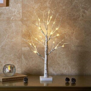 EAMBRITE White Christmas Tree with Lights Mini Birch Twig Tree Ornament with 24 Warm White LEDs Battery Operated Tabletop Decoration for Christmas Home Party Wedding (60cm/2ft)