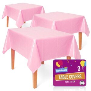 SOL 3pk Solid Lovely Pink Table Cloth Party 121x121cm Christmas Decorations Wipe Clean Plastic Cover Disposable for Parties Heavy Duty Spill Protection - Birthdays, Weddings, Buffets, Catering