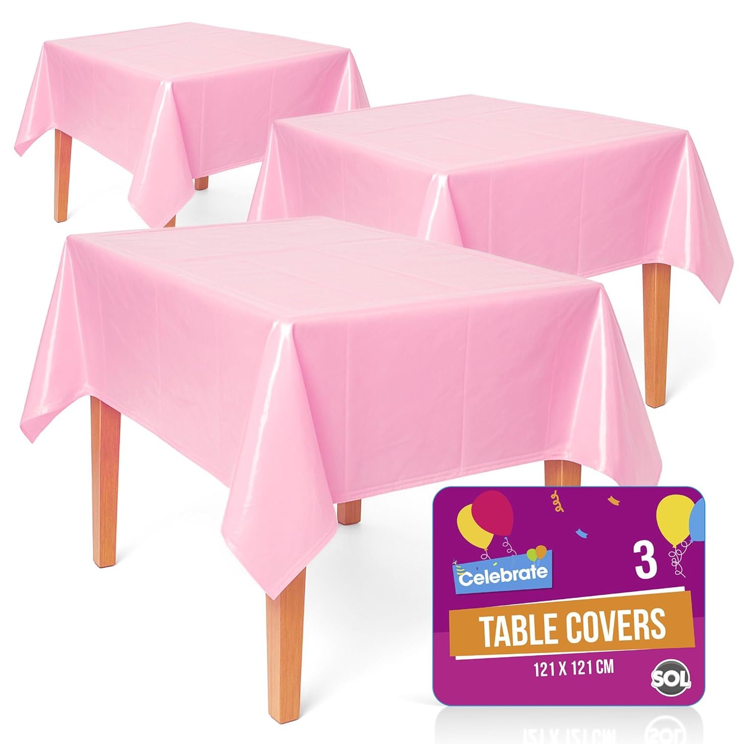 SOL 3pk Solid Lovely Pink Table Cloth Party 121x121cm Christmas Decorations Wipe Clean Plastic Cover Disposable for Parties Heavy Duty Spill Protection - Birthdays, Weddings, Buffets, Catering