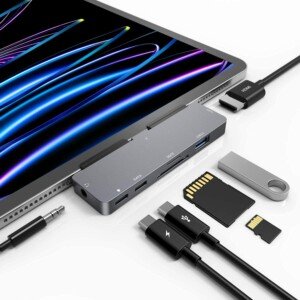 Apple iPad Pro USB C Hub, 7-in-1 Adapter, 4K HDMI, Headphone Jack, Docking Station, USB 3.0, SD/Micro Card Reader, for iPad Pro M1 M2 M4, iPad Air, iPad Mini 6