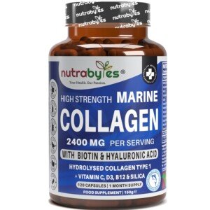Nutrabytes High Strength Marine Collagen 2,400mg | Hydrolysed | Hyaluronic Acid 100mg, Biotin, Vitamin C, D3, B12 & Silica | Skin, Hair, Nails & Joints | 120 Capsules | for Women & Men