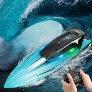OBEST Remote Control Boat 2.4GHz RC Boat 25KM/H High Speed RC Racing with Lights 2 Batteries Anti-Collision, Swimming Pools/Lakes/Ponds Toys Gifts for Adults