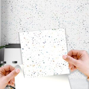 WALPLUS 15cm(6"") 24pcs Terrazzo Holographic Glitter Silver Wall Tile Sticker, Self Adhesive Wall Tiles Stickers for Kitchen Bathroom Tile, WT1604 (Colors May Vary)
