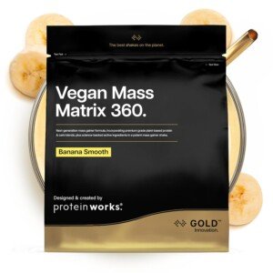 Protein Works | Vegan Mass Matrix 360 - Gold Innovation, Vegan Mass Gainer, Weight Gain Supplement, Tri Protein Blend, Amino Acids, Post Workout Protein Shake, Banana Smooth, 5 Servings, 1kg