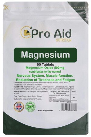 Magnesium 500mg Tablets 90 Pack by ProAid | Vegan & Vegetarian | 3 Months Supply | Made in UK | Easy to Swallow 11mm Tablets
