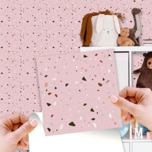 WALPLUS 24 PCS 15cm (6") Rose Pink & Metallic Silver Terrazzo Tile Stickers – Peel and Stick Self-Adhesive Wall Tiles for Kitchen Backsplash, Bathroom, and DIY Tile Makeover