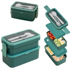2 Layer Lunch Box with Compartments for Adults and Kids, 950+550ml Stackable Bento Box with Cutlery & Hidden Handle, Microwave & Fridge Safe. Green
