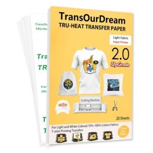 TransOurDream Tru-Transfer Paper T-Shirt Printing 20 Sheets A4 Inkjet Heat Transfers for Light Fabric Printable Vinyl Upgraded 2.0 Iron on Printer Paper for White T-Shirts/Textiles/Clothes