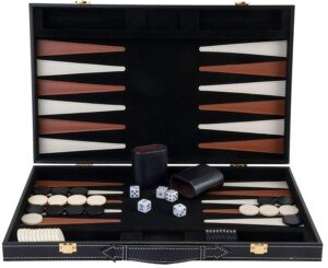Engelhart – 250504 – Deluxe Backgammon Game 18” – Brown/Ivory – Open: 45.5 x 30.5 x 6 cm –Felt interior – Faux leather points – Metal clasps – 2 players – 5 dice, 2 cups matching checkers