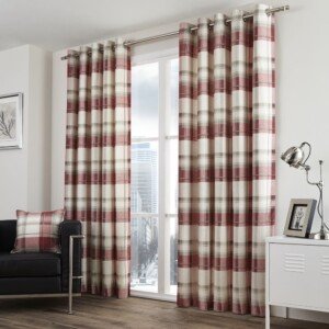 Fusion - Balmoral Check - 100 Percent Cotton Pair of Eyelet Curtains in Ruby, 90" Width x 72" Drop (229 x 183 cm)