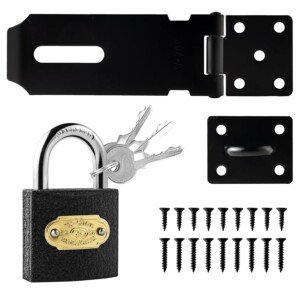 4 Inch Shed Lock, Stainless Steel Padlock Hasp with Screws, Heavy Duty Padlock Hasp and Waterproof Door Lock, Gate Lock for Garden Sheds Underground Garages Bedrooms Cabinets, Black