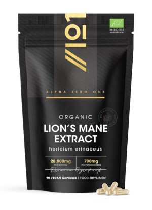 Organic Lions Mane Supplement 28,000mg – 50% Polysaccharides (700mg) – 90 Vegan Capsules – High Strength Mushroom Supplement – Resealable and Recyclable Pouch – By Alpha01