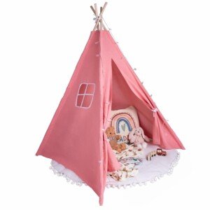 Relsy Kids Pink Teepee Tent with Star Lights & Rug Set