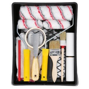 Paint Roller Tray 17 Piece TOUGH MASTER Set, 9” Tray, 9” Paint Roller, 9” Handle, 2x4” Polyester Refill, 2x4” Foam Refill, 4” Handle, 2” Paint Brush with Wooden Handel, Plastic Paint Filter