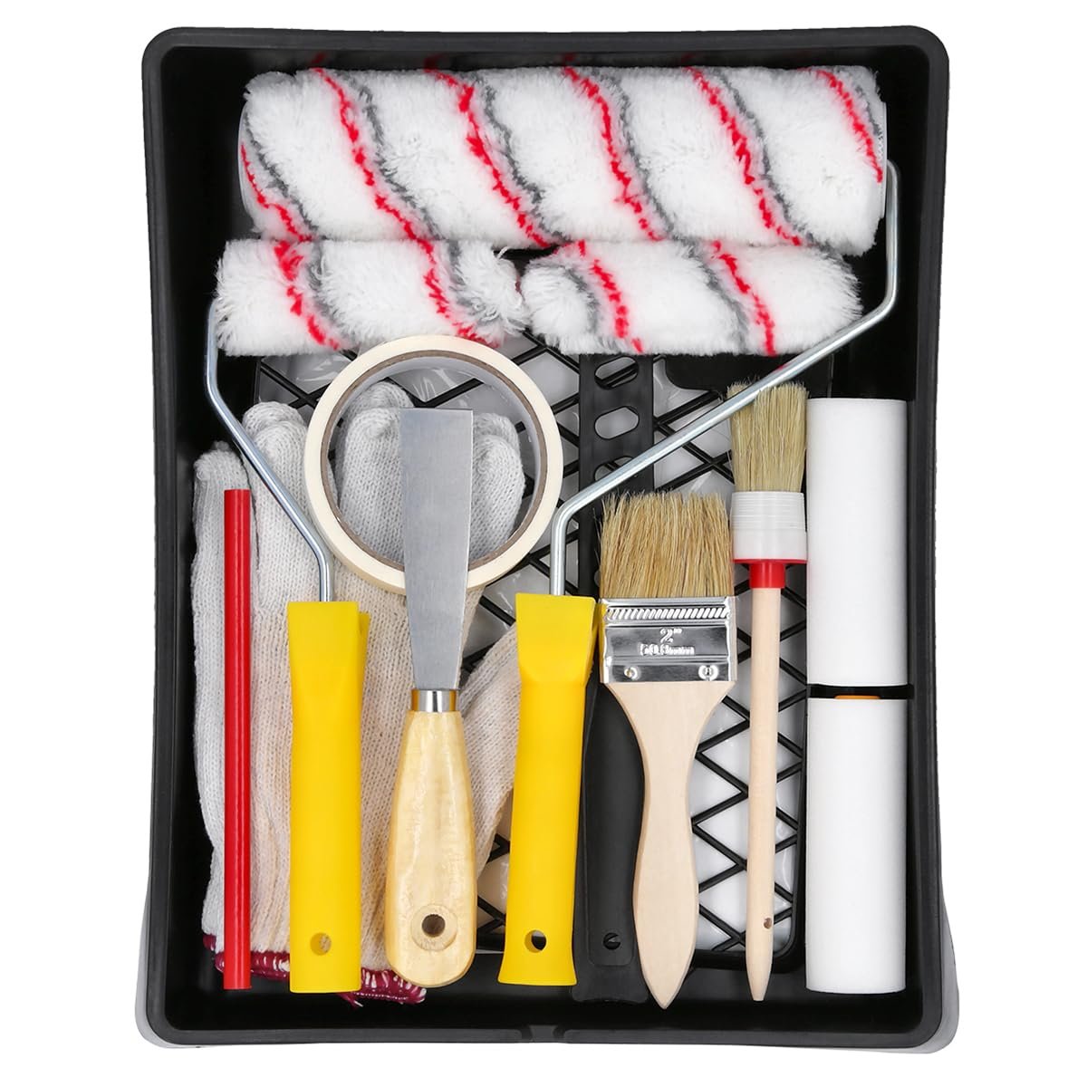 Paint Roller Tray 17 Piece TOUGH MASTER Set, 9” Tray, 9” Paint Roller, 9” Handle, 2x4” Polyester Refill, 2x4” Foam Refill, 4” Handle, 2” Paint Brush with Wooden Handel, Plastic Paint Filter