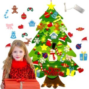ZTOONE Felt Christmas Tree for Kids, 3.3ft DIY Felt Xmas Tree with 30 LED Lights and 32Pcs Detachable Christmas Ornaments Handmade New Year Christmas Door Wall Hanging Decorations