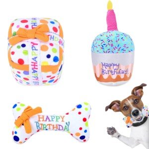 Soft Dog Plush Toys, Squeak Toys for Dogs, Creative Pet Interactive Play Toy Set, Celebrate Birthday Gift Cake Bone Dog Toys (Sound)