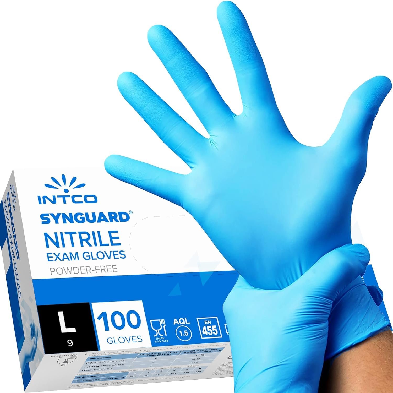 Intco Nitrile Gloves (Large, 100 Count), Strong & Flexible, Food Safe Blue Gloves, Non-Sterile, Powder & Latex Free Gloves, Finger Textured Thick Disposable Gloves for Tools, Devices & More