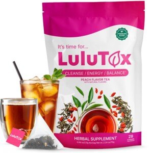 LULUTOX Original Detox Tea - Herbal Blend with Dandelion, Ginseng, and Ginger - Supports A Healthy Weight, Digestive Health - Vegan, All Natural, Laxative-Free - Peach Flavor (28 Servings)