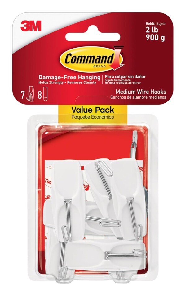 Command Wire Toggle Hook, Value Pack - 7 Hooks (Medium, White), 8 Adhesive Strips - Removable Hanging Hook for Various Surfaces - Damage Free Hanging