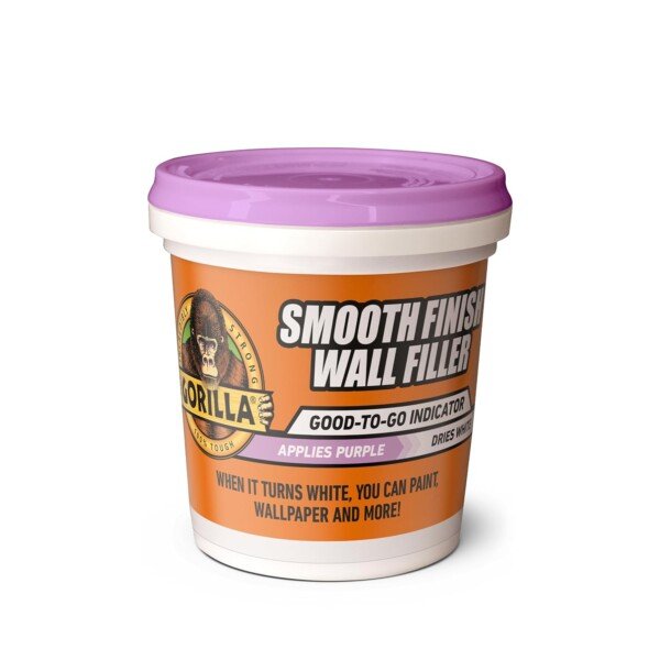 71cR4ebeUGL._SL1500_ Front view of the Gorilla Smooth Finish Wall Filler, 473ml, highlighting its purple-to-white drying feature for versatile repairs.