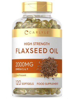 Flaxseed Oil Capsules 2000mg | 120 Vegan Softgels | High Strength Supplement with Omega 3 6 & 9 | Cold Pressed | By Carlyle