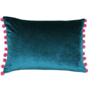 Paoletti Fiesta Rectangular Cushion Cover – Faux Velvet with Pompom Edges (Teal/Berry – 35 x 50cm)