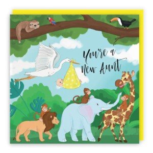 Hunts England - New Aunt Congratulations New Baby Card - Stork Holding New Baby Card - Yellow - You're A New Aunt - Boy - Girl - New Niece - Nephew Card - Jungle Collection