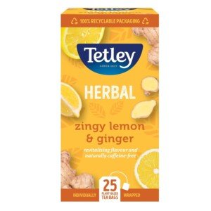 Tetley Zingy Lemon & Ginger Herbal Tea Bags - Naturally Caffeine-Free - Perfectly Balanced Citrus & Spice Infusion - Ideal for Relaxation - Rainforest Alliance Certified - 25 Teabags (1 Pack)
