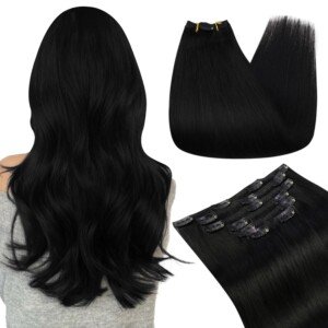 Ugeat Clip in Hair Extension Natural Black Human Hair Clip-in Extensions Jet Black Remy Straight Hair Extensions Clip ins Full Head Double Weft 7pcs 105g 14 Inch