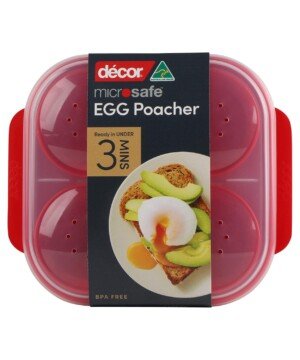 Décor Microsafe Microwave Steam Egg Poacher. Cooks 1-4 Eggs at Once in Under 3 Minutes. BPA Free and Fully Dishwasher and Freezer Safe. with Safety Hold Handles and steam Release Vents. Red.