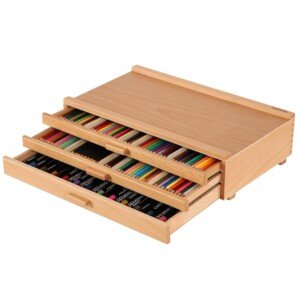 VISWIN 3-Drawer Art Supply Storage Box – Beech Wood Artist Organizer & Portable Art Box with Removable Dividers for Paints, Brushes, Pens, Pencils, Pastels – Natural
