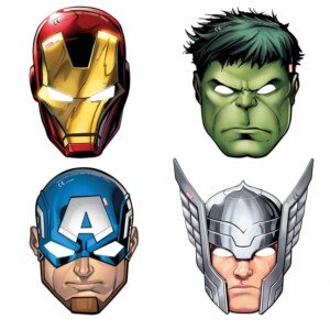 Procos 87976 - Papier-Masken Mighty Avengers, 6 Stück, Größe 22 x 14,5/19 cm, mit Gummiband, Gast-Geschenk, Karneval, Geburtstag, Mottoparty