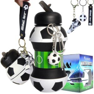Football Collapsible Water Bottle - 550ml Silicone Bottle With Football, Footi Boot Keyring & Carry Strap