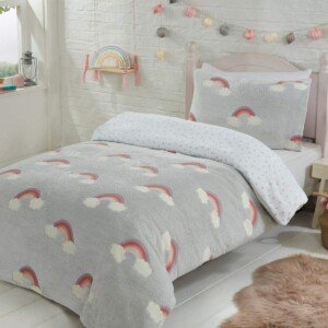 Sleepdown Rainbow Clouds Glow In The Dark Light Grey Kids Boys Girls Childrens White Stars Reverse Soft Feel Fleece Duvet Cover Quilt Bedding Set with Pillowcases