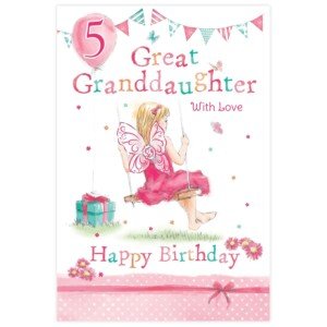 Paper Rose 5th Birthday Card for Great Granddaughter - Age 5 Fairy, Present, Flowers & Stars Design - Premium Lovely Fifth Birthday Greeting Card for Girls with Envelope
