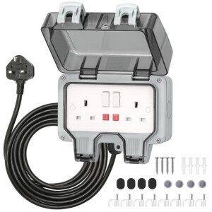Front view of the Desiretech Outdoor Double Switched Socket with 3m Cable showing its robust design and LED indicators