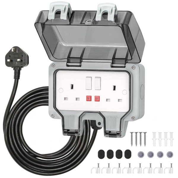 71oBCQazhVL._SL1500_ Front view of the Desiretech Outdoor Double Switched Socket with 3m Cable showing its robust design and LED indicators