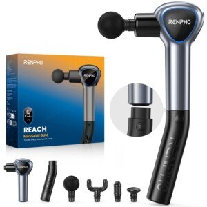 RENPHO Reach Handle Massage Gun with 5 Speed 4 Head,Mini Massage Gun with Extension Handle,Gift for Women Men,Muscle Gun Deep Tissue with 3200rpm for Home Workout Full Body Muscle Relax,Grey