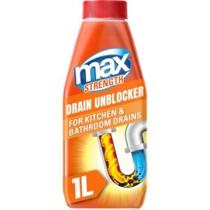 Max Strength Drain Unblocker 1L - Heavy Duty Sink, Shower, Plughole Unclogger Cleaner for Kitchen and Bathroom Drains - Fast Acting & Easy to Use. Packaging May Vary